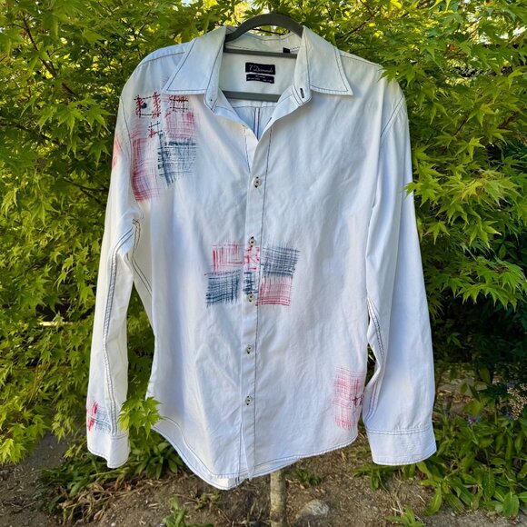 7 Diamonds Mens Long-Sleeve Button-Up Shirt With Red & Blue Abstract Print Retro - Picture 5 of 7